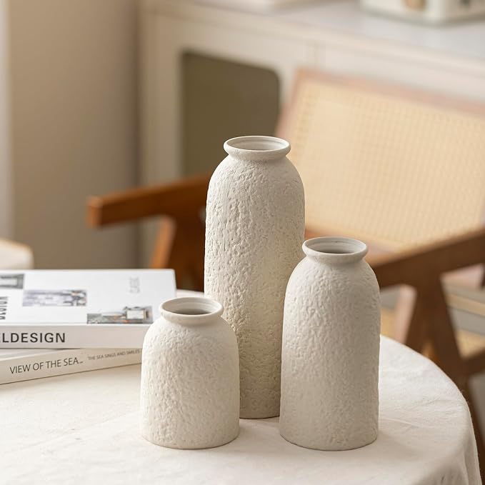 Large Decorative Ceramic Vase Set, 3 Pieces, Nordic Modern Boho Style, Berge Color, Modern Farmhouse for Home Decor (XL Beige Texture)