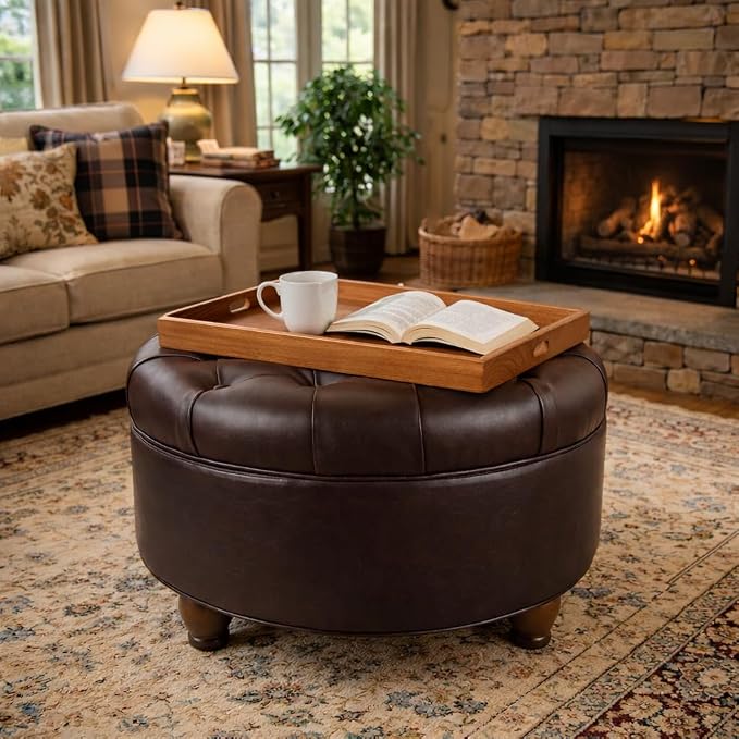 Homepop Home Decor | Button Tufted Faux Leather Round Storage Ottoman | Ottoman with Storage for Living Room & Bedroom (Distressed Brown)