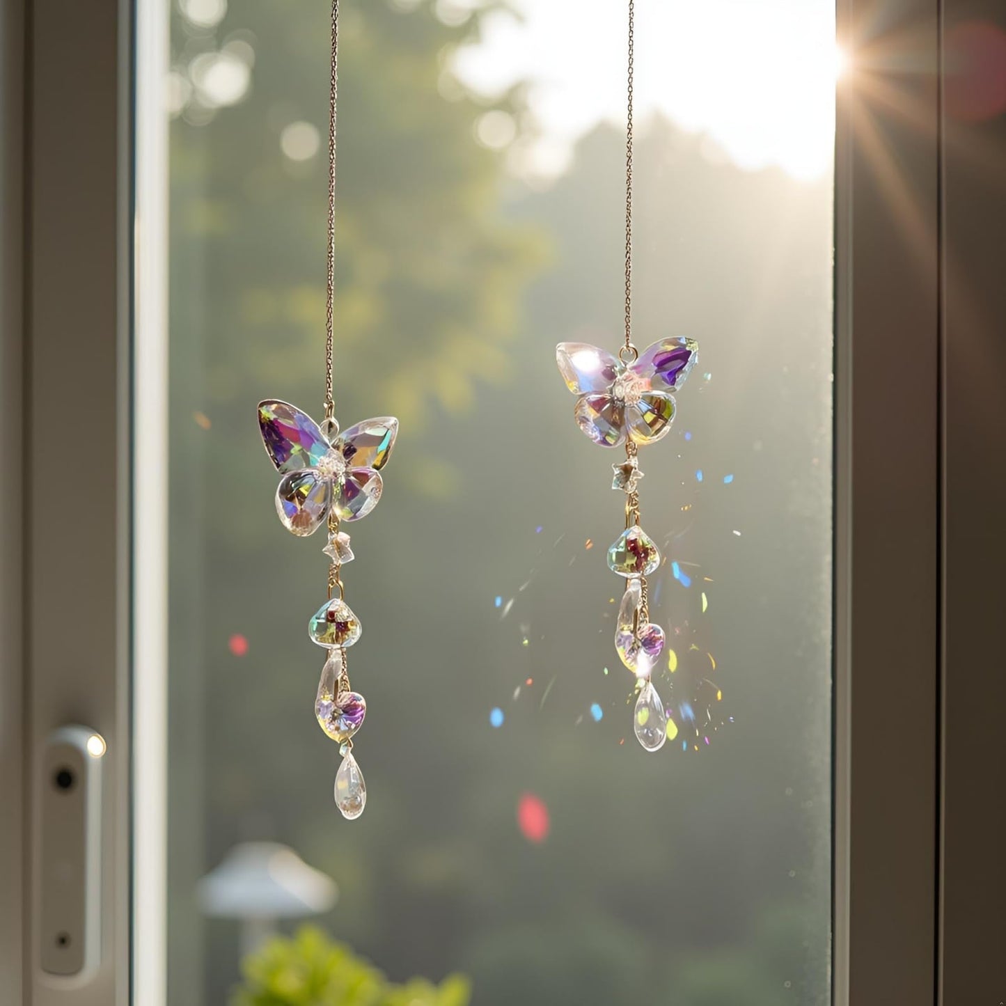 Butterfly Sun Catcher Crystals Hanging - Rainbow Maker with Prism Star & Heart Pendants | 12in Chain Window Ornament for Windows, Gardens,Bedroom, Living Room