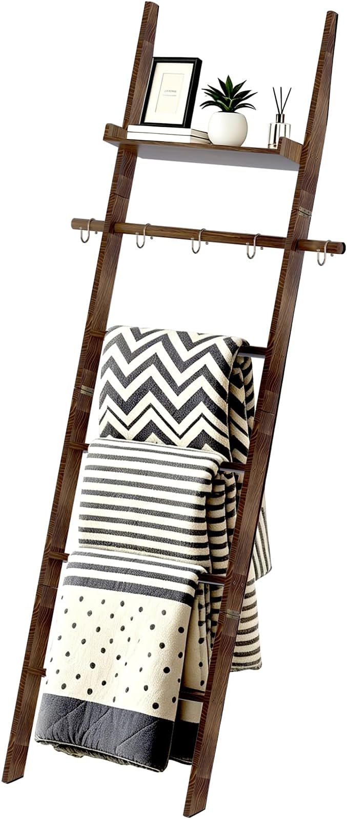 Farmhouse Wooden Blanket Ladder with Shelf,6-Tier Rustic Quilt Towel Rack Decorative Holder Wall Leaning Storage with Removable Hooks for Home Living Room Bedroom Decor Brown