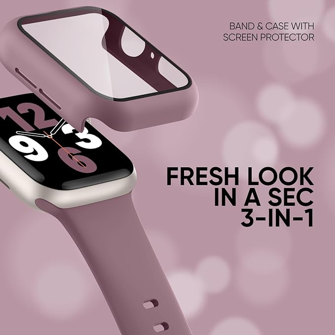 Compatible for Apple Watch Band 40mm 41mm and Case with Screen Protector, Soft Silicone Sport Strap Bands and Protective Cover with Tempered Glass for iWatch Series 9 8 7 SE 6 5 4