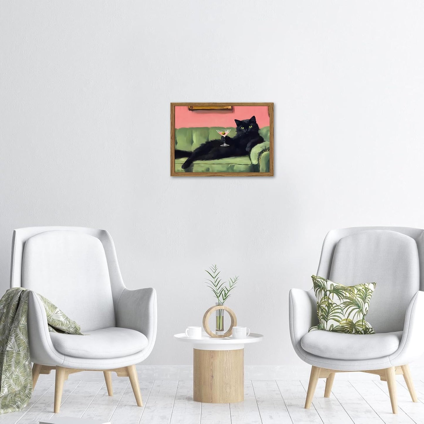 Funny Black Cat Martini Wall Art, Bar Cart Decor, Eclectic Cocktail Painting Canvas Print, Cute Animal Artwork Picture for Bedroom Living Room Kitchen 12x16 inch Wood Framed