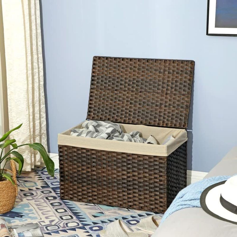 SONGMICS Storage Basket with Lid, Woven Blanket Storage Bin with Handles, Foldable, Removable Liner, Metal Frame, for Bedroom, Laundry Room, 42.3 Gallons (160 L), Brown URST76BR