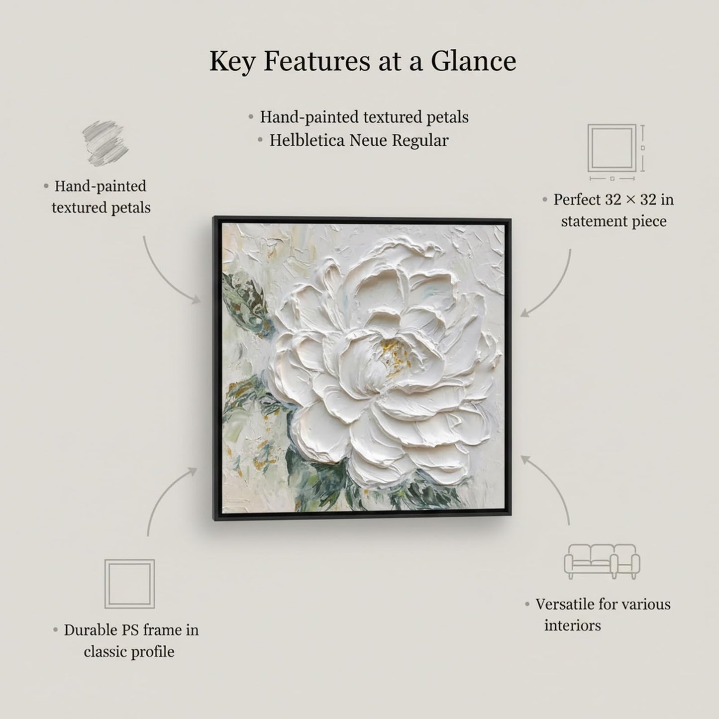 Hand Painted White Flower Oil Painting for Kitchen, Large 3D Floral Canvas Wall Art for Living Room, Framd Modern Wall Decor for Bedroom,Office Home Decor 32" x 32"