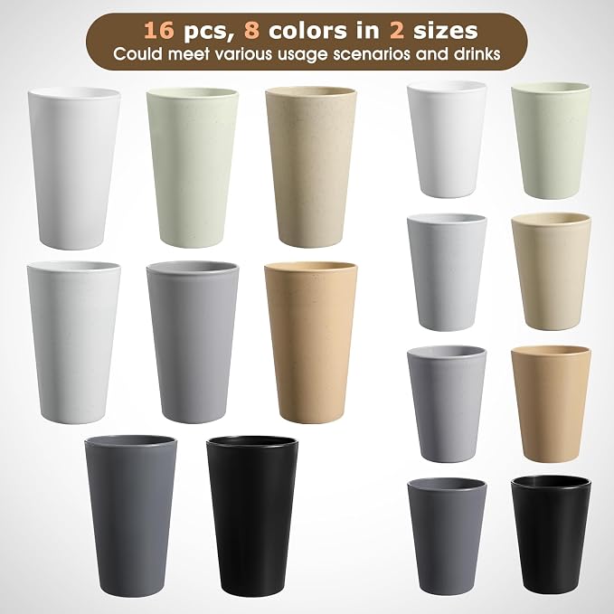 HEYCOME Set of 16 Wheat Straw Cups, 8 Pcs 20 oz & 8 Pcs 12 oz Unbreakable Drinking Cups, Reusable Plastic Cups Sets, Water Glasses Tumblers, Microwave & Dishwasher Safe, Bpa Free, 8 Colors