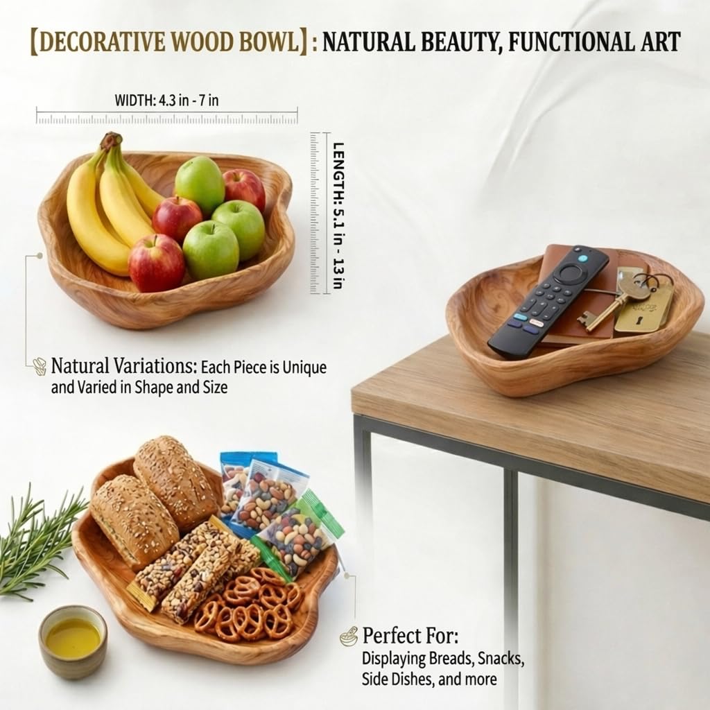 BTEOBFY Natural Wood Fruit Bowl 11-13 inch, Unique Handmade Wood Serving Platter, Wood Fruit Snack Dish for Sandwich Bread Serving, Appetizer Display, Vintage Ring Dish, Hand Carved Artworks