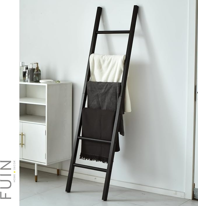 FUIN 6ft Wooden Black Blanket Ladder Living Room Decorative Wall Leaning Farmhouse Quilt Display Holder Rustic Wood Towel Rack for Bathroom