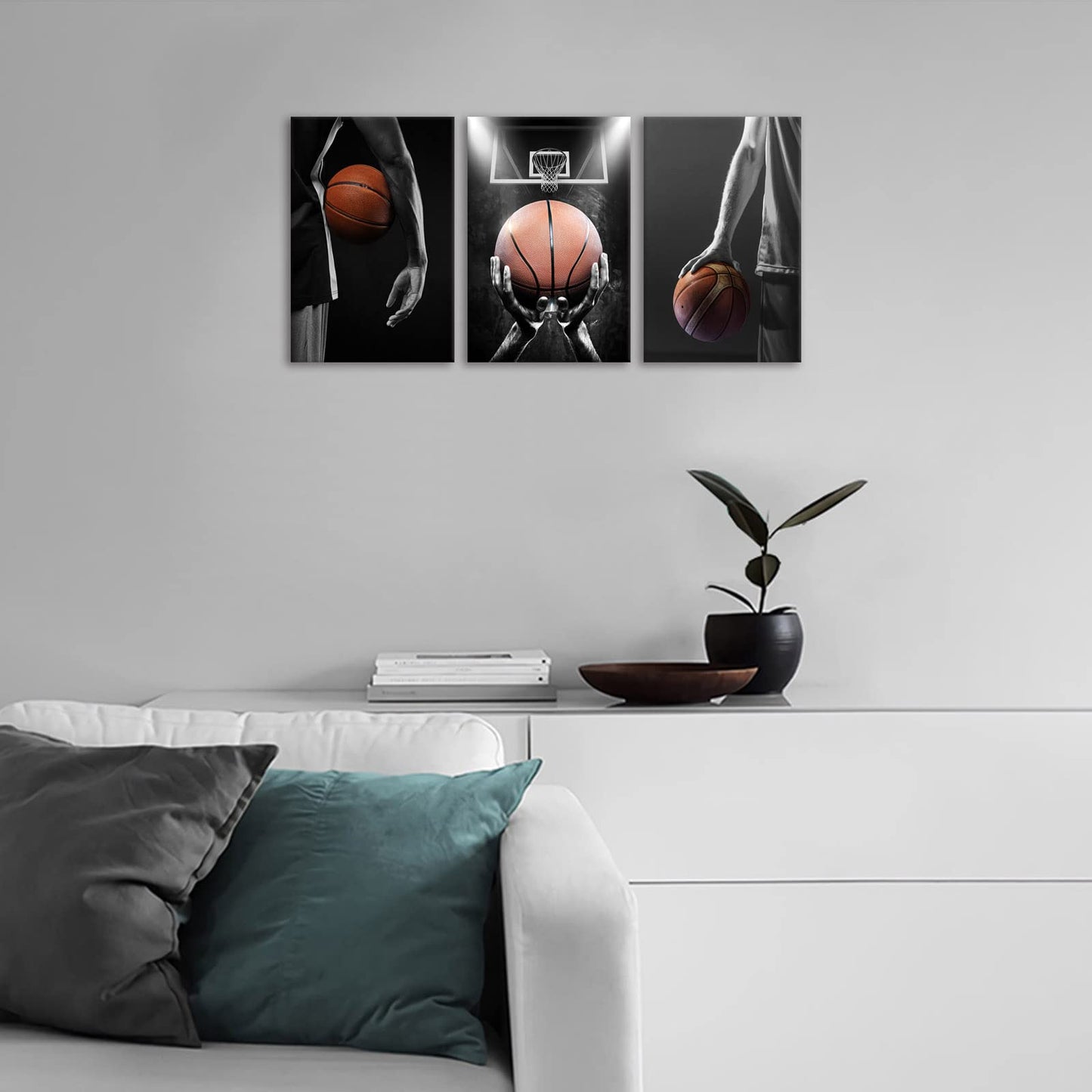 KAWAHONE 3 Pieces Basketball Art Prints-Black and White Basketball Sports Canvas Wall Art-Basketball Hoop Sport Decor for Bedroom Gym, Perfect Boys Gift