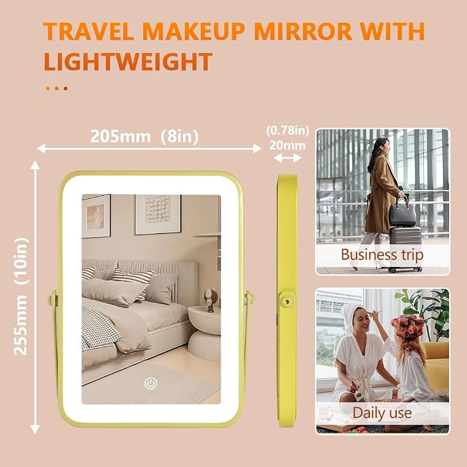 YEKKOPT Gold Rechargeable Makeup Mirror with Lights, LED Vanity Mirror, 3 Color Modes, Portable Desktop Mirror, Adjustable Brightness, Ideal for Dorm and Home Use