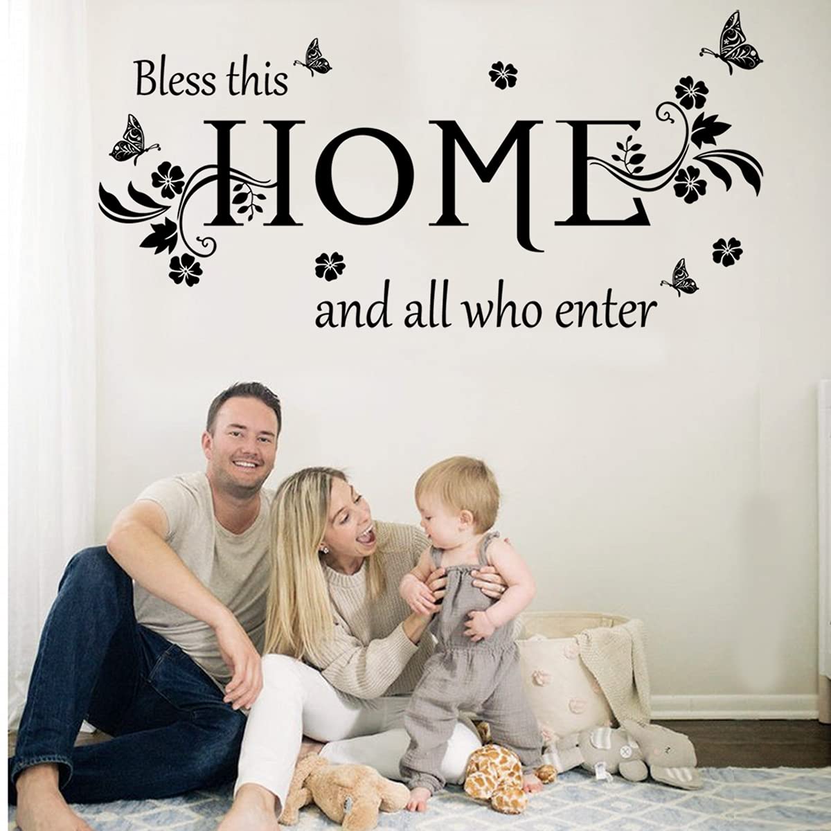 Black Vinyl Wall Sticker Wall Word Quotes Bless This Home and All who Enter Wall Decals Flowers Butterfly Wall Decor Sticker for Entryway Living Room Home Decor.