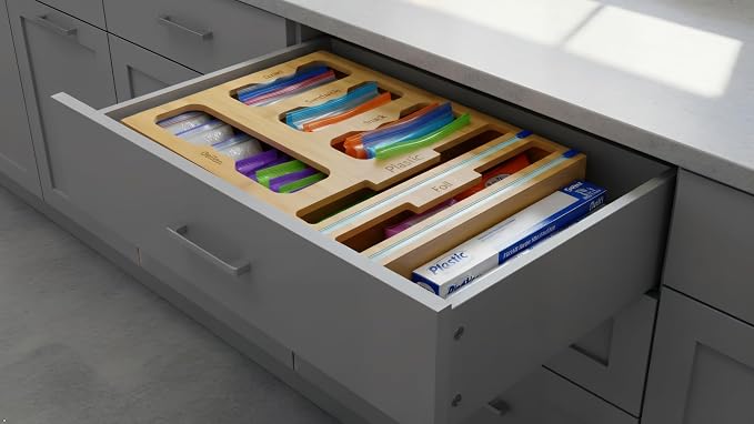 Storage Bag organizer, 6 in 1 Foil and Plastic Wrap Dispenser with Cutter, Bamboo Kitchen Drawer Organizer Food Bag Organizer for Gallon, Quart, Sandwich, Snack Bags (Natural)