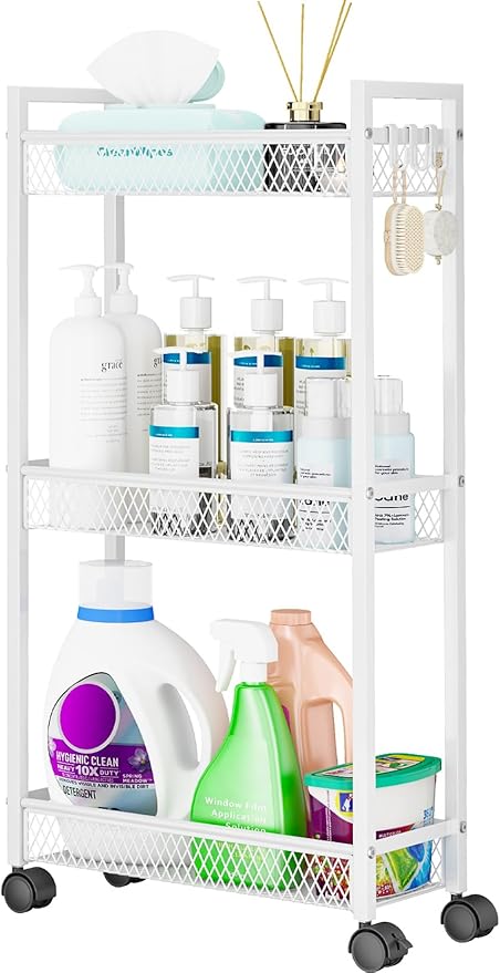 YASONIC Slim Rolling Storage Cart, Metal 3 Tier Bathroom Storage Organizer Laundry Room Utility Cart for Kitchen, Bthroom, Makeup, Craft, Laundry Narrow Places, White