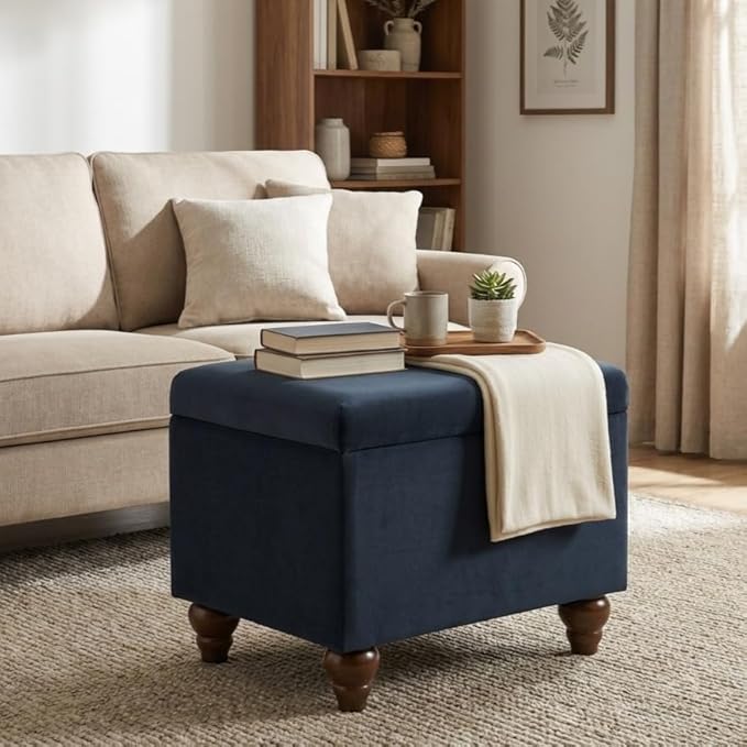 Spatial Order Home Decor | Upholstered Medium Rectangular Storage Ottoman | Hinged Lid Ottoman with Storage for Living Room & Bedroom, Blue Velvet