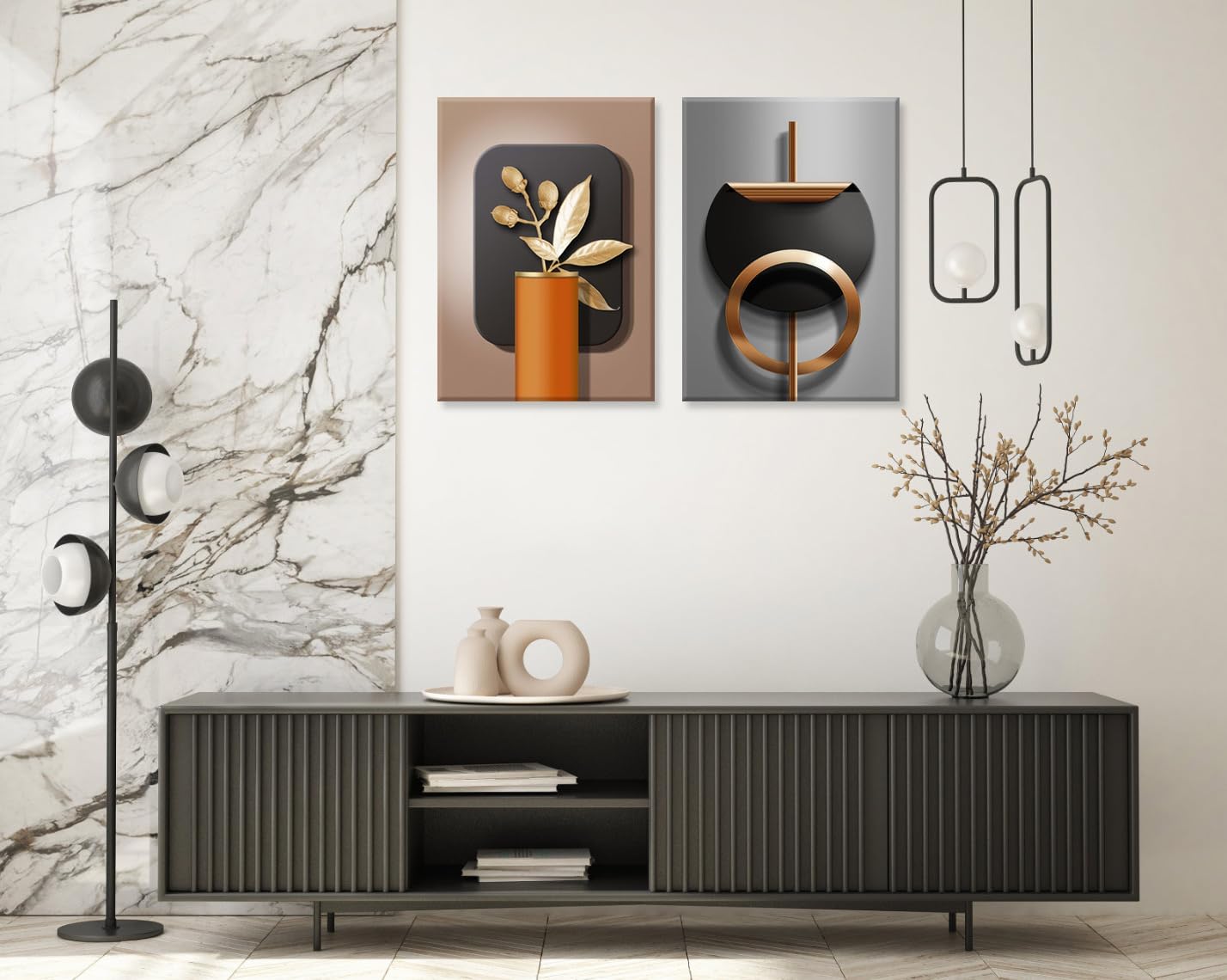 2pcs 3d Effect Pattern Black Copper Geometric Canvas Abstract Wall Art Nordic Luxury Living Room Pictures Prints Modern Artwork Black Gold Gray Wall Decoration Inspiring Home Decor 16x24 Inches Ready To Hang