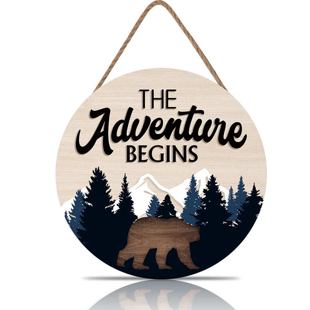 LHIUEM The Adventure Begins Wooden Hanging Sign,Woodland Wall Decor,Bear Mountain Inspirational Quotes Wooden Sign For Home Cabin Decor,Forest Camping Sign (12”X 12”)