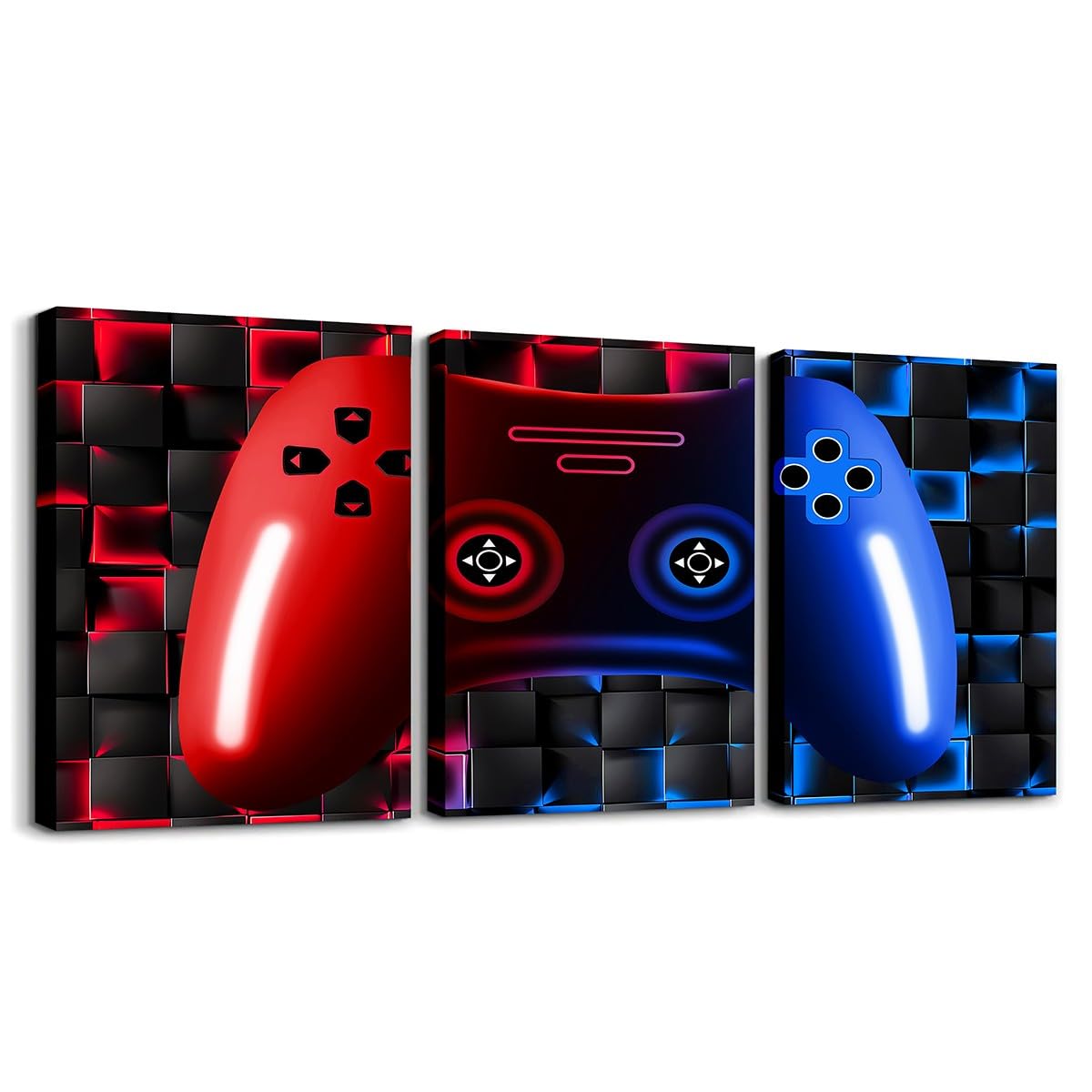 Erosebridal Gaming 3 Piece Wall Decor For Boys Bedroom 3D Gamer Geometric Wall Art 12"X16" Video Game Pictures Poster Prints Gamepad Neon Red Blue Black Wall Decor Artwork For Office Playroom