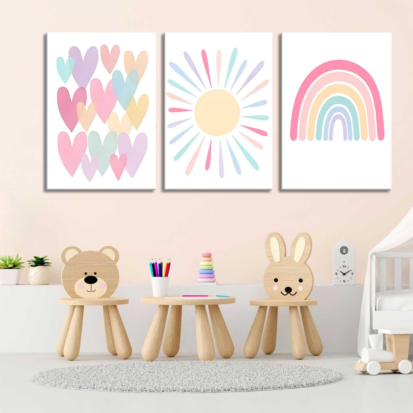 RCJARTI 3Pcs Pink Nursery Canvas Wall Art Rainbow Poster Kids Bedroom Baby Girls Toddler Pastel Wall Decor Prints Sun Boho Pink Sunshine Painting for Classroom School Nursery Decoration 12x16in