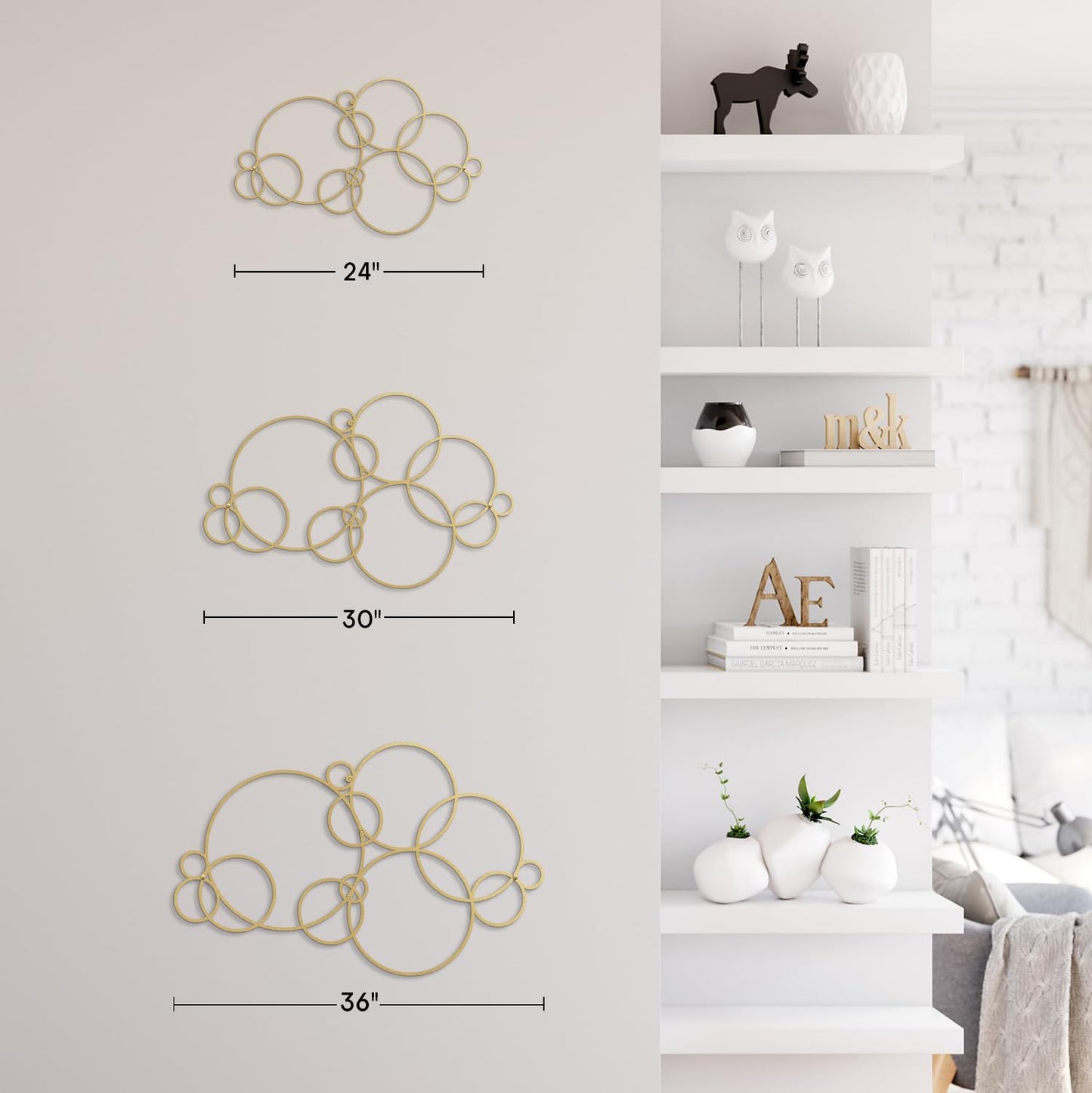 SIGNLEADER Metal Wall Decor Circles Bubbles Minimalist Modern Luxury Wall Sculpture Hangings 3D Statue Home Decoration for Living Room, Bedroom, Bathroom, Kitchen, Fireplace, Office - 36" Gold