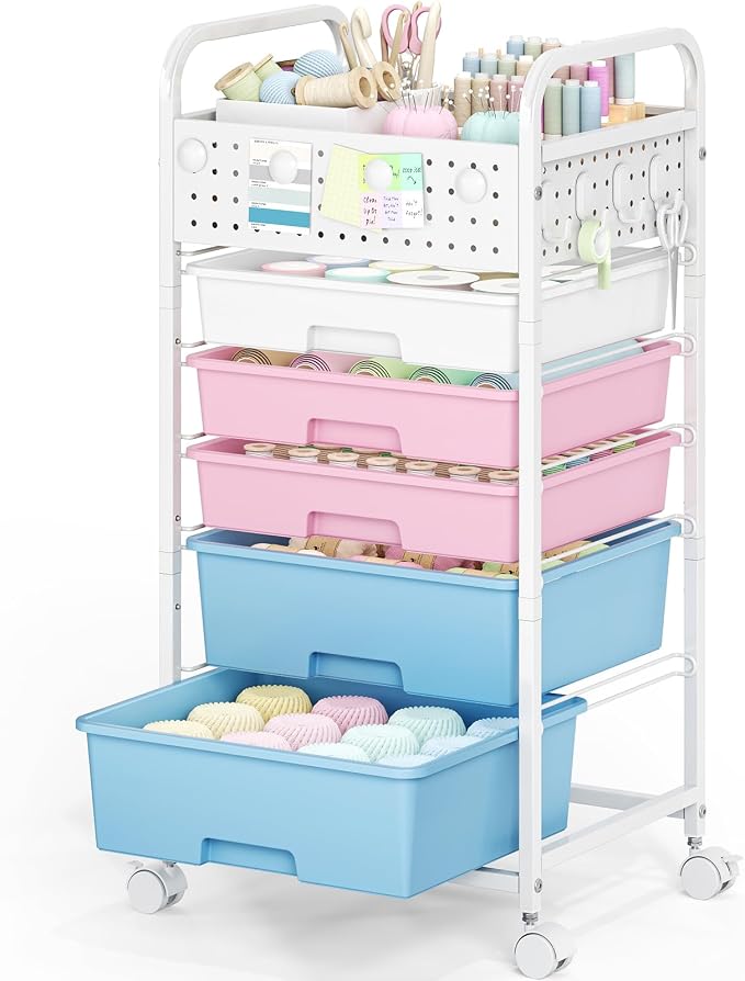 5 Drawer Rolling Storage Cart with Pegboard Top and Hooks, Mobile Organizer Cart with Wheels for Office Supplies, Craft Storage, Classroom Organization, Home Utility Cart, Pink&Blue