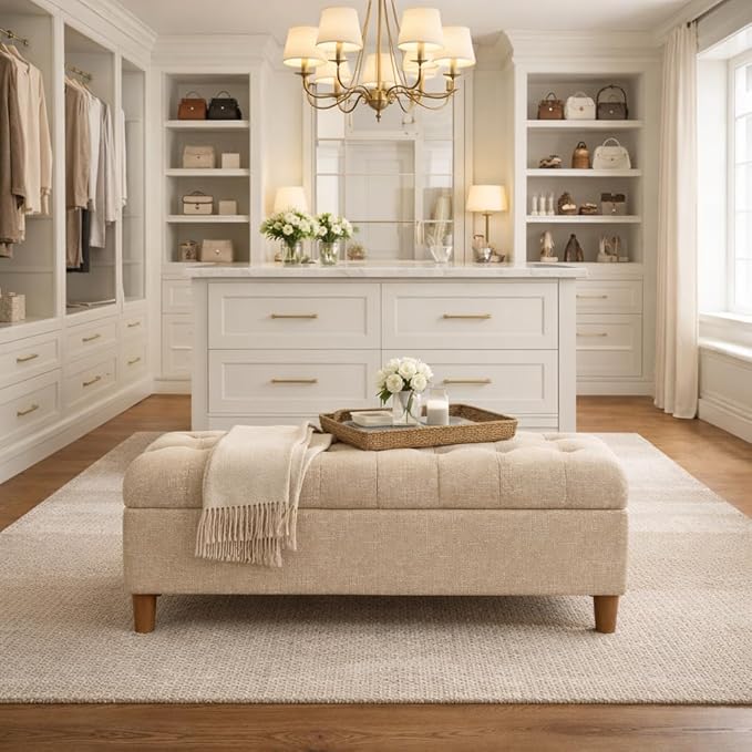 Homepop Home Decor | Tufted Ainsley Button Storage Ottoman Bench with Hinged Lid | Ottoman Bench with Storage for Living Room & Bedroom, Light Tan Textured Solid