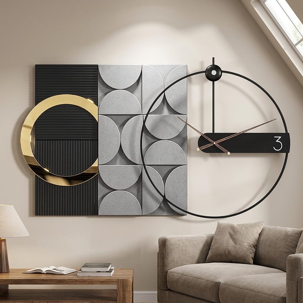 Mid Century Modern Wall Clock 3D Luxury Large Geometric Silent Non Ticking for Living Room Oversized Boho Farmhouse Mechanism, Big Unique Metal Fancy Clock Wall Decor for Bedroom Kitchen, Black 30×18"