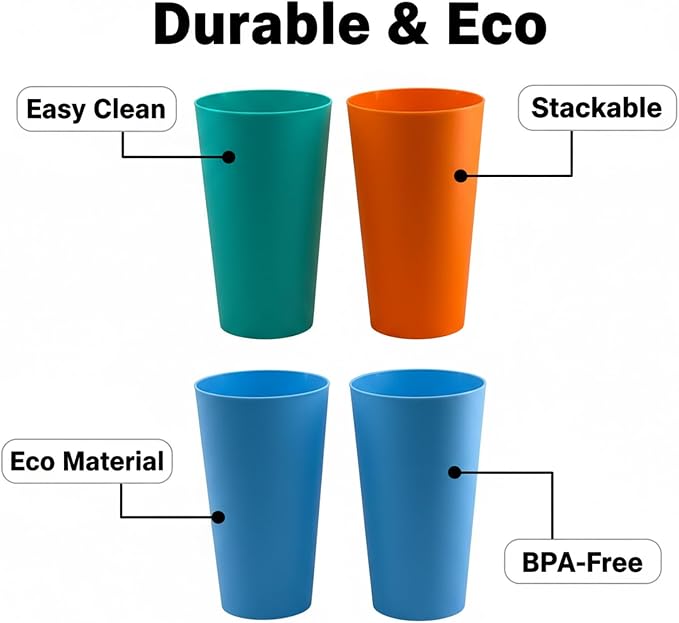 AOYITE 32-ounce Plastic Tumblers Reusable Dishwasher Safe BPA Free Large Drinking Cups Set of 12 For Kids Women Men Use(Multicolor)