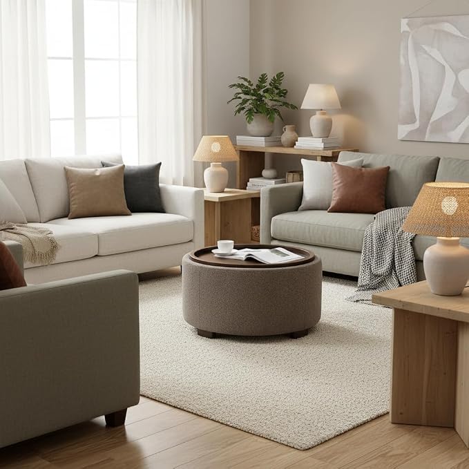 Zihanhome 30 Inch Round Storage Ottoman Coffee Table, Modern Boucle Ottoman with Lift-Off Lid and Solid Wood Legs for Living Room, Bedroom, Corners, Apartments (Brown)