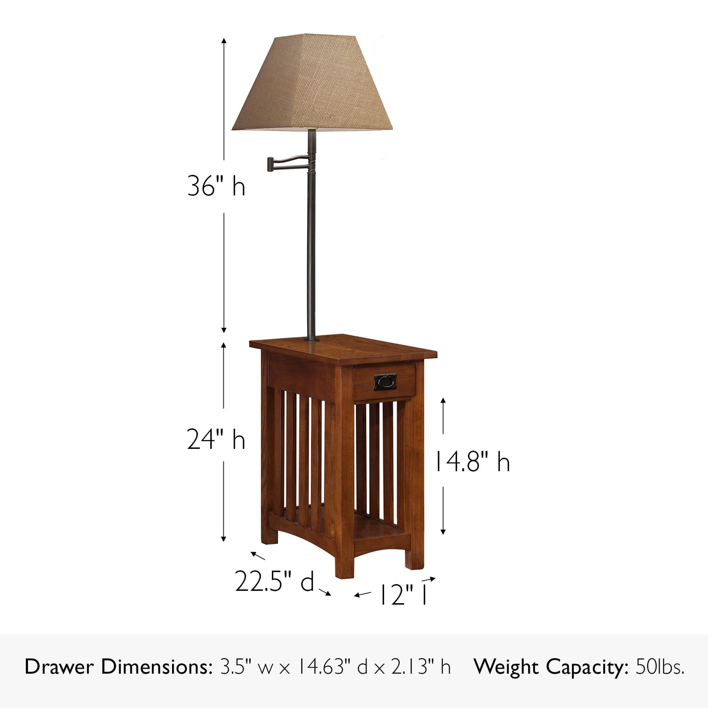Leick Home Mission End Table, Solid Wood, Built-In-Lamp, 1 Drawer, Bottom Display Shelf, Slatted Sides, Easy-Assembly, Medium Oak, 22.5 in. L x 12.0 in. W x 60.0 in. H, 10028