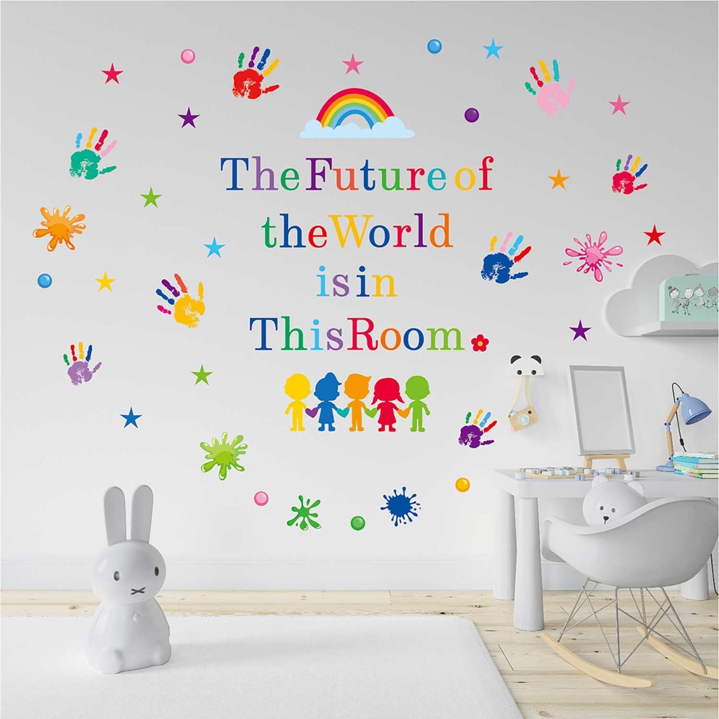 CharmFlo Inspirational Wall Decals for Kids Motivational Classroom Decor with Removable Quotes The Future of The World is in This Room Peel and Stick Wall Stickers Bedroom Nursery School Playroom