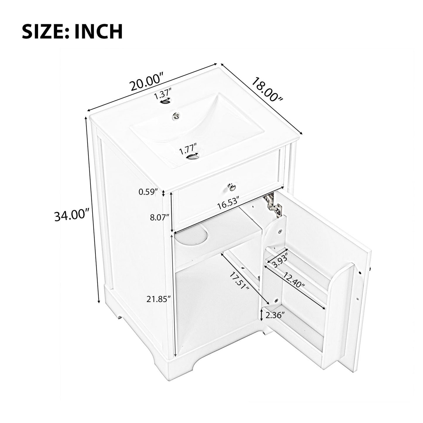 20" Small Bathroom Vanities Cabinet with Undermount Ceramic Sink, Two-Tier Door Storage Shelf, White