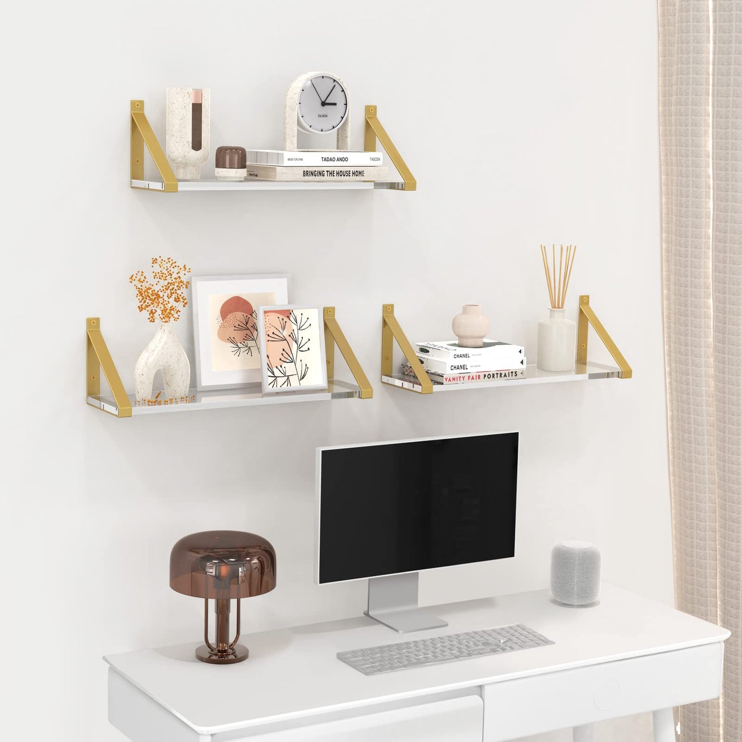 Cilinta Clear Shelves, Gold Floating Shelves Wall Mounted Set of 2, 8mm Transparent Acrylic, Invisible Wall Shelves for Bedroom, Living Room, Bathroom, Kitchen, Office Display Decor (13in)