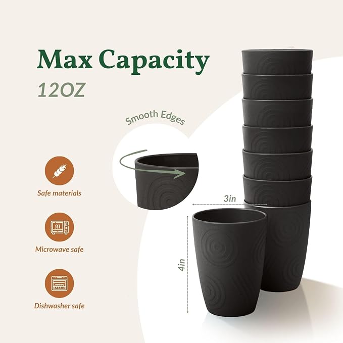 Homienly Wheat Straw Cups 8 PCS Plastic Cups Unbreakable Drinking Cup Reusable Dishwasher Safe Water Glasses with Black Colors (12 OZ)