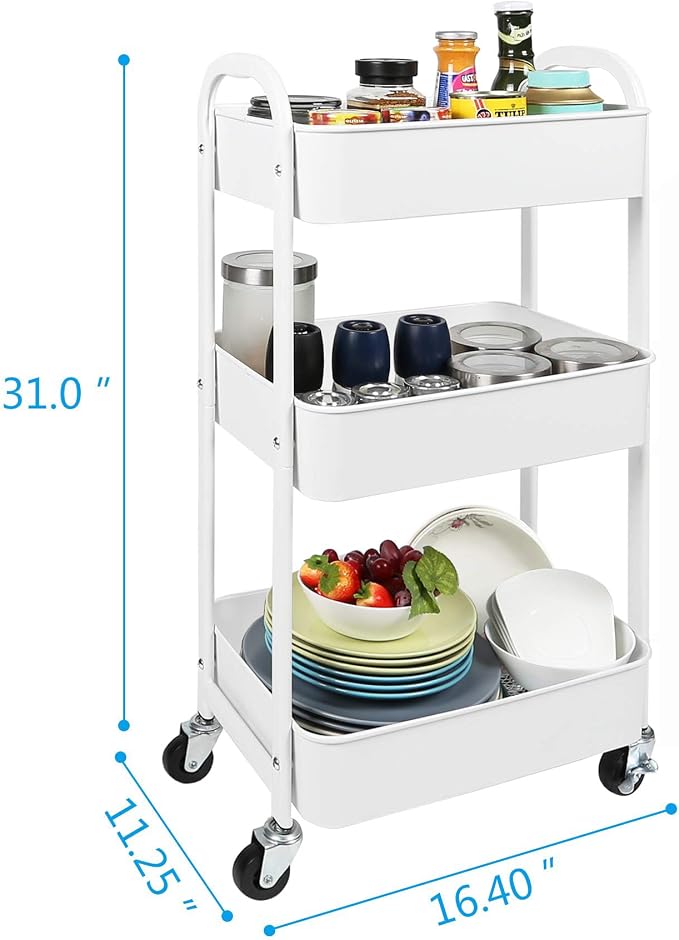 MAX Houser 3-Tier Rolling Utility Cart with Caster Wheels,Easy Assembly, for Kitchen, Bathroom (White)