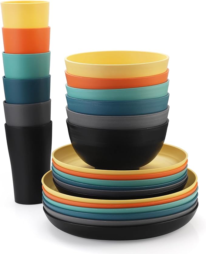Wheat Straw Dinnerware Sets - SANLUNS 24 Piece Unbreakable Dinnerware Sets, Reusable Wheat Straw Plates and Bowls Sets, Travel Camping Cutlery Set, Dishwasher Microwave Safe Dinnerware Colourful