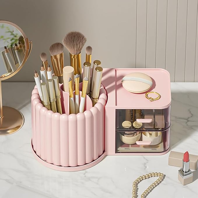 360 Rotating Makeup Organizer Countertop with 2 Drawers, Makeup Brush Holder, Small Preppy Organizer, 9.25x5.11 Inch, Pink