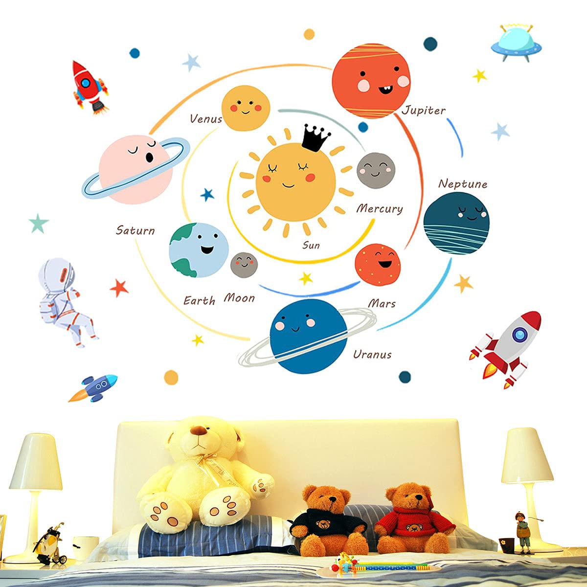 Space Planet Wall Decals Wall Stickers Kids,Cute Educational Wall Stickers for Daycare,Nursery,Playroom,Babyroom,Classroom,School.