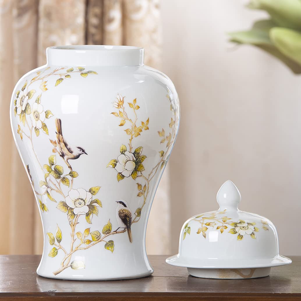 UWYTGF White Ceramic Ginger Jar with Lid for Home Decor,Traditional Chinese Flowers and Birds Temple Jar,Jingdezhen Handcrafted Porcelain Vase Centerpiece Decor L,White Small,White,M