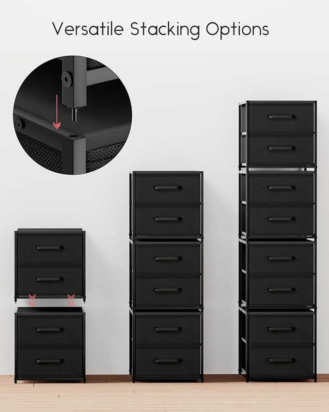 Homsorout Stackable Storage Drawers - 2 Tier Closet Organizer with Metal Handles, Fabric Dresser with Collapsible Bins for Bedroom, Dorm, Office, Black, 2 Pack