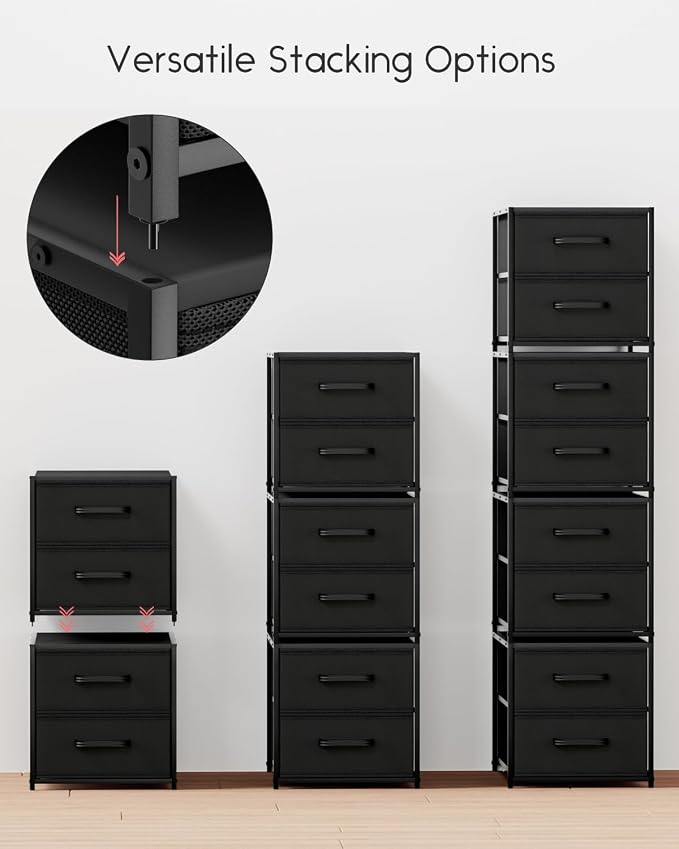 Homsorout Stackable Storage Drawers - 2 Tier Closet Organizer with Metal Frame and Handles, Fabric Dresser with Collapsible Bins for Bedroom, Dorm, Office, Black, 1 Pack