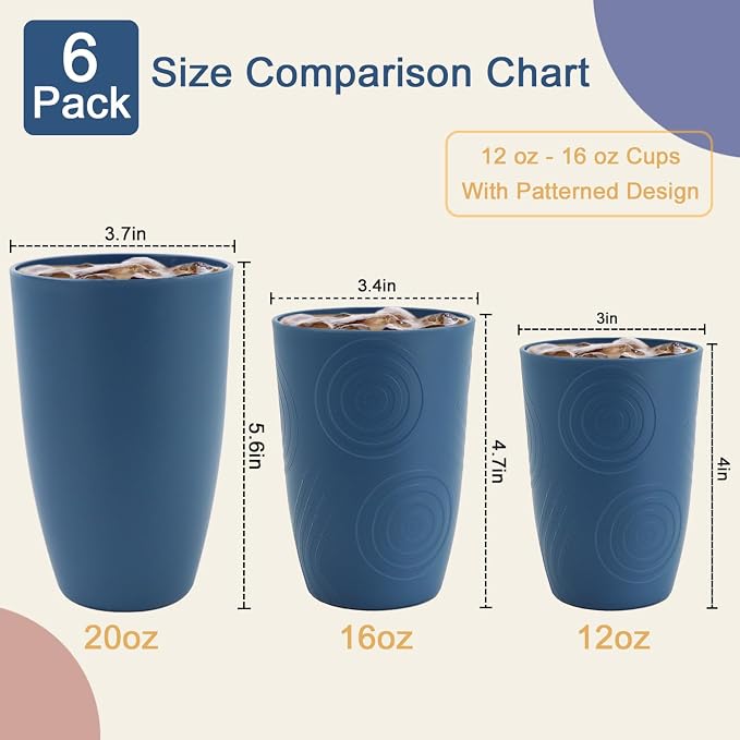 Wheat Straw Cups 20 OZ Large Capacity Set of 6, Unbreakable Drinking Cups Reusable, Alternative to Plastic Cups Reusable, Dishwasher Safe Water Tumblers (Multicolor)