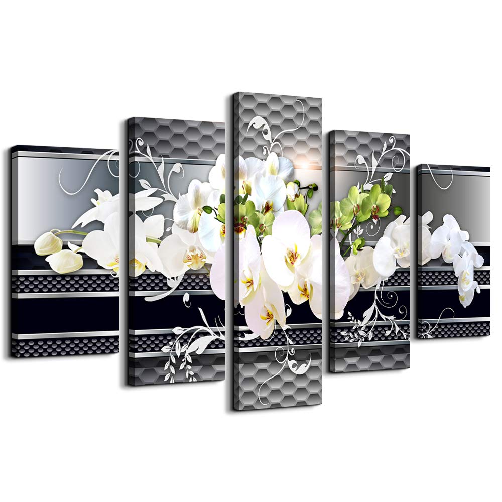 5 Piece Wall decor Canvas art for living room Picture Butterfly Orchid Flowers Contemporary Black White Abstract prints Modern Home bedroom Wall decorations inspirational wall art posters artwork