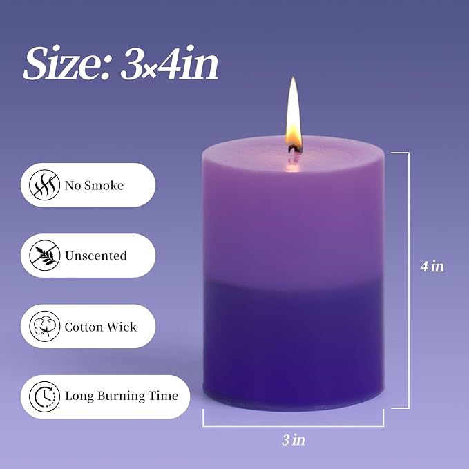 KONNI Purple Layered Pillar Candles Set of 3, 3"x 4" Unscented Pillar Candles Bulk, 39 Hours Long Burning Candles, Smokeless&Dripless Large Round Candle for Wedding, Home Decoration, Parties, Dinner
