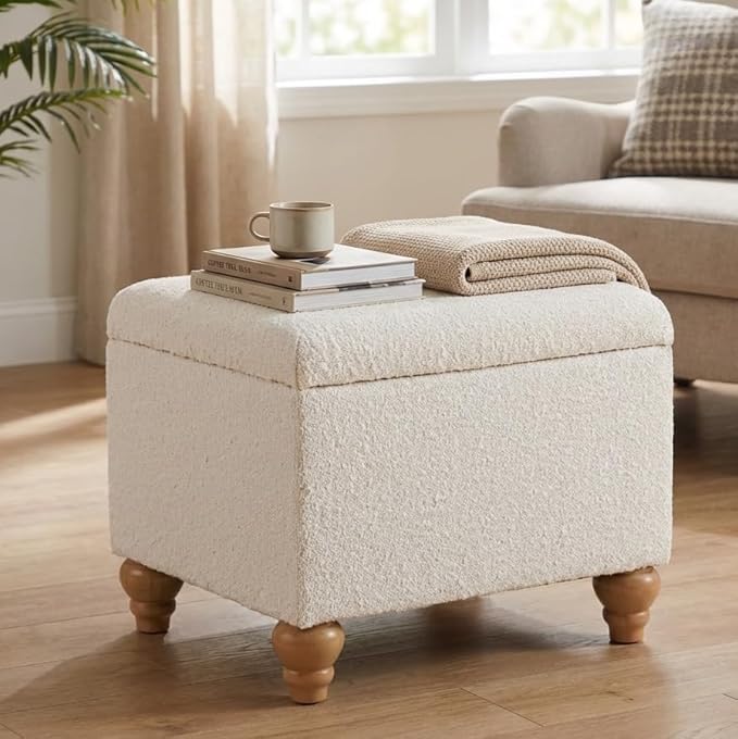 Spatial Order Home Decor | Upholstered MediumRectangular Storage Ottoman | Hinged Lid Ottoman with Storage for Living Room & Bedroom, Cream Boucle