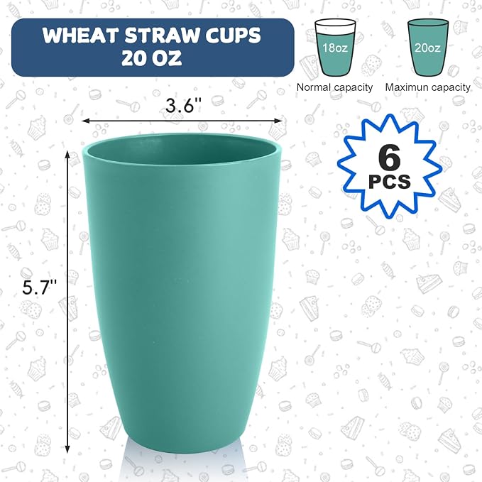 20 OZ Large Wheat Straw Cups Set of 6, Unbreakable Reusable Plastic Cup Alternative, Dishwasher Safe Drinking Cups & Tumblers for Kitchen, Outdoor, Green