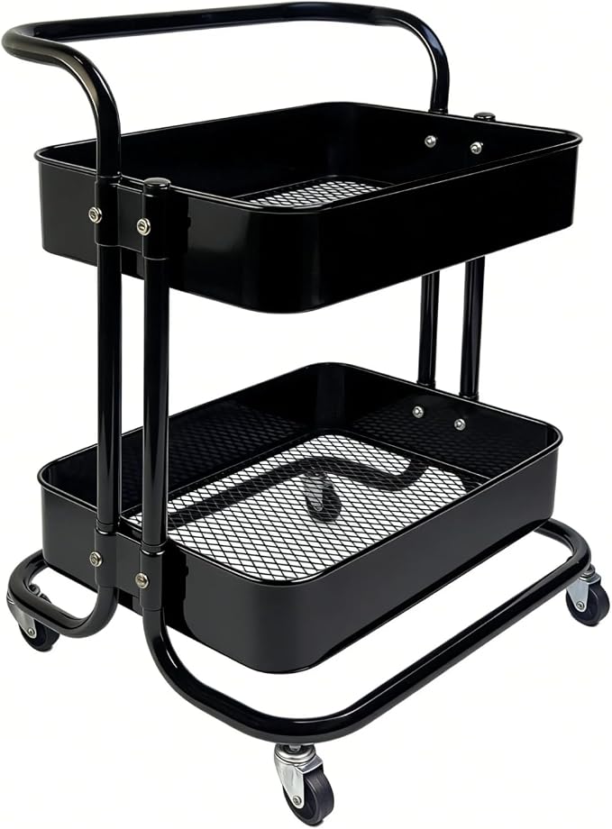 2 Tier Rolling Utility Cart with Wheels All-Metal Short Pantry Cart Under Desk Storage Trolley with Handle, Small Rolling Storage Shelf for Small Space Kitchen Laundry Room Bathroom, Black