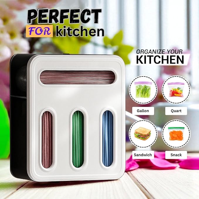 Ziplock Bag Organizer for Drawer | 4 In 1 Plastic Bag Organizer For Gallon, Quart, Sandwich & Snack | Food Bags Dispenser for Kitchen Storage, Wall Mount, Lightweight & Durable