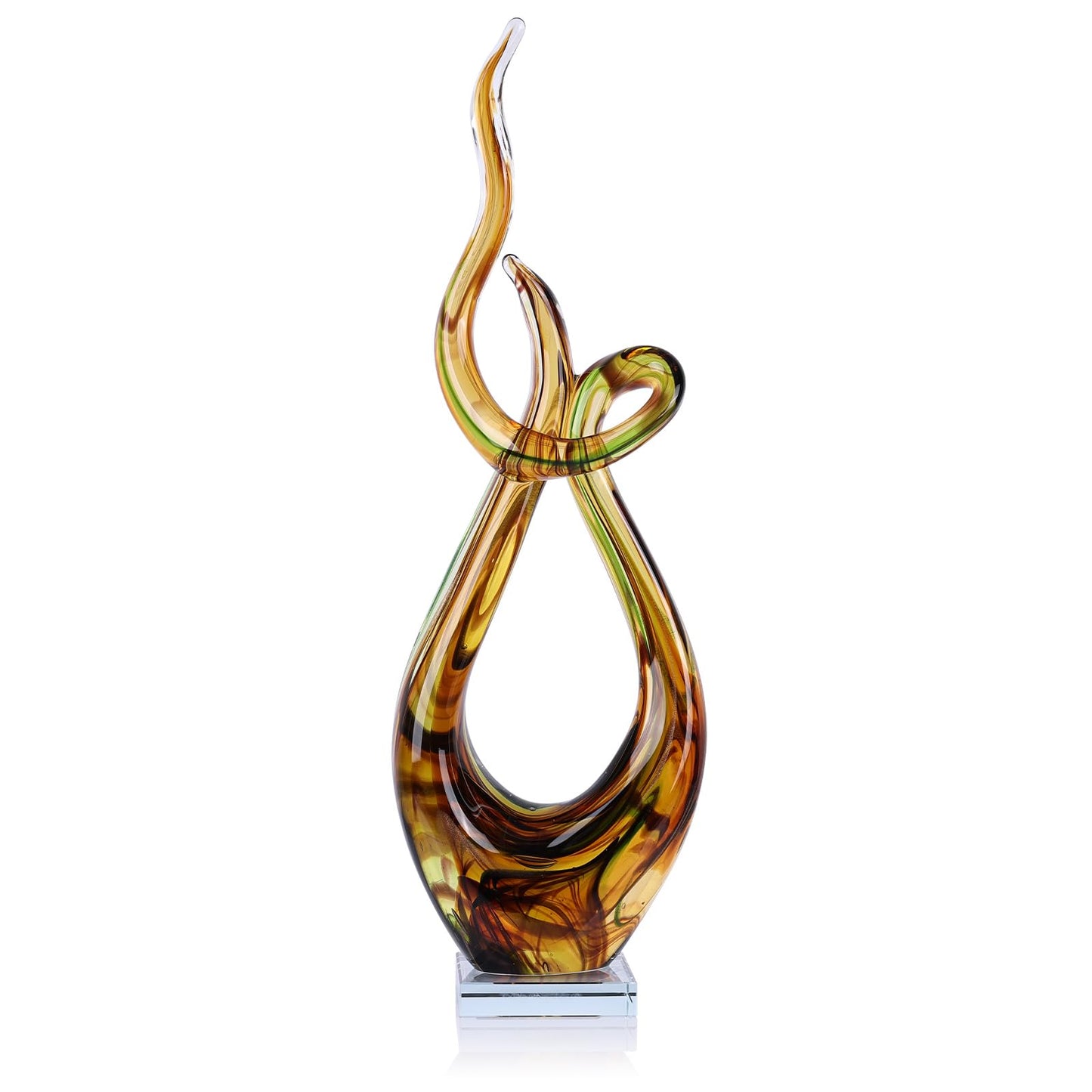 LCCCK 21.7in Tall Abstract Glass Sculpture Knot Spiral Statue, Amber Hand Blown Glass Art Decor for Home Living Room Bedroom Shelf Mantel Tabletop Display Decorative Figurine
