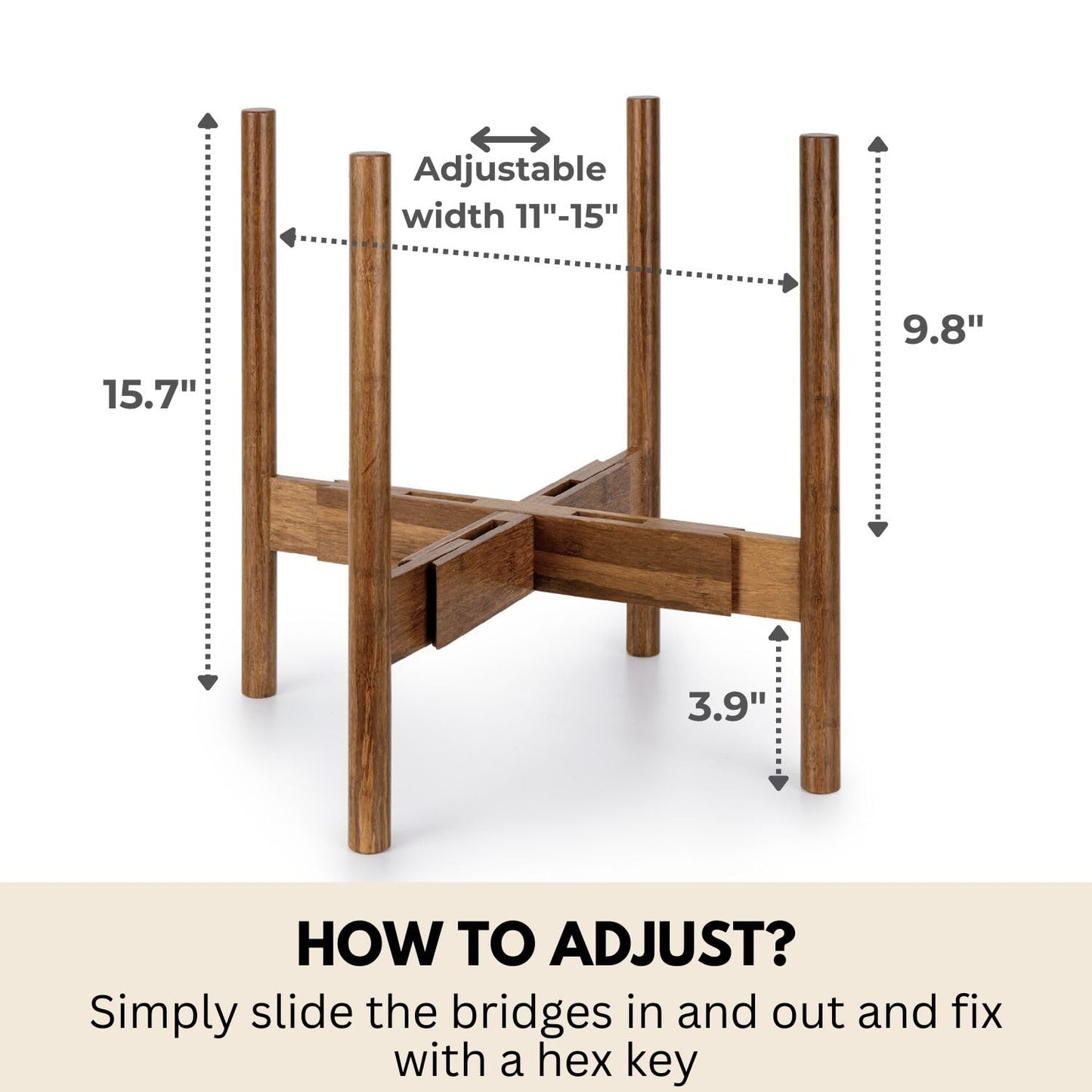 Fox & Fern Large Adjustable Plant Stand Indoor — 11 to 15 Inch Mid Century Bamboo Plant Stand - Plug In Design - Easy to Assemble - Two Heights - For 11, 12, 13, 14 & 15 Inch Pots (Not Included)