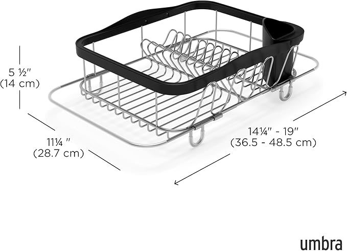 Umbra Sinkin Dish Drying Rack – Drainer with Cup Holders and Removable Cutlery Caddy – Use Over Sink, in Sink, or On Counter, Deluxe, Black/Nickel