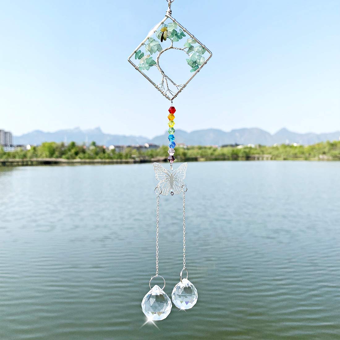 Crystal Suncatchers Butterfly Prism Green Tree of Life Ornament, Clear Prisms Ball for Windows Wall Home Wedding Hanging Decor